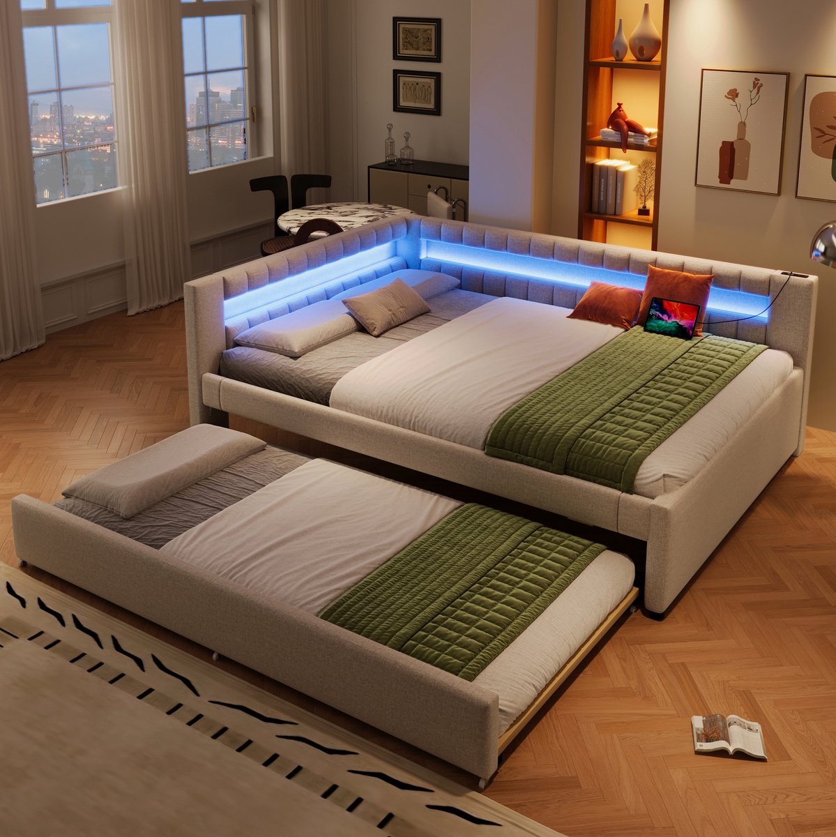 COVREO Bed met uittrekbed en LED-verlichting – Dagbed met USB en Type-C – voor woonkamer en slaapkamer – 140x200 cm – Beige - zonder matras