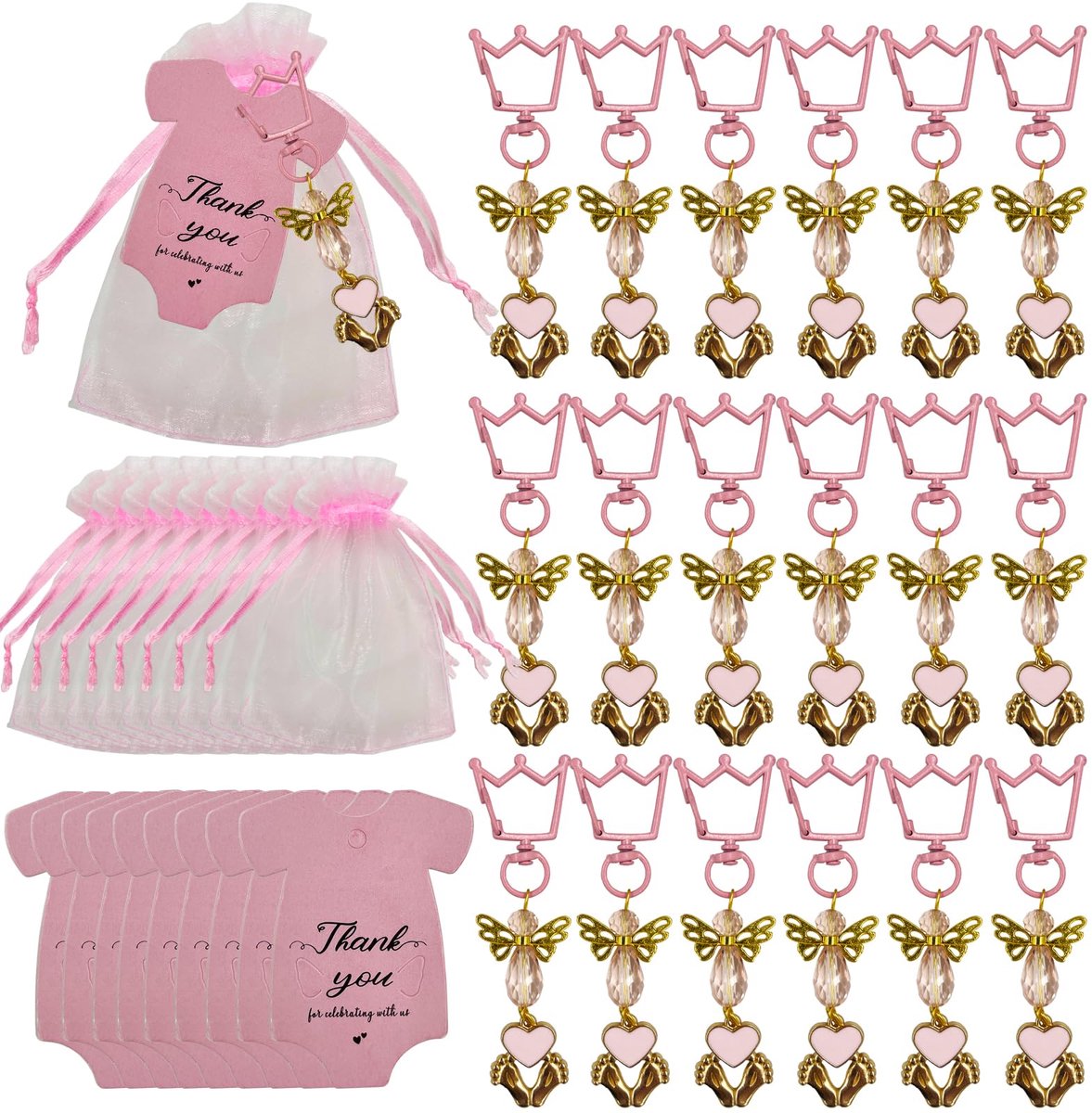 SnelShoppen - 20 Sets Geschenken Doop Sleutelhanger, Organza Zakjes en Bedankkaartjes voor Jongens en Meisjes - Verjaardagsfeestje en Baby Shower Deco