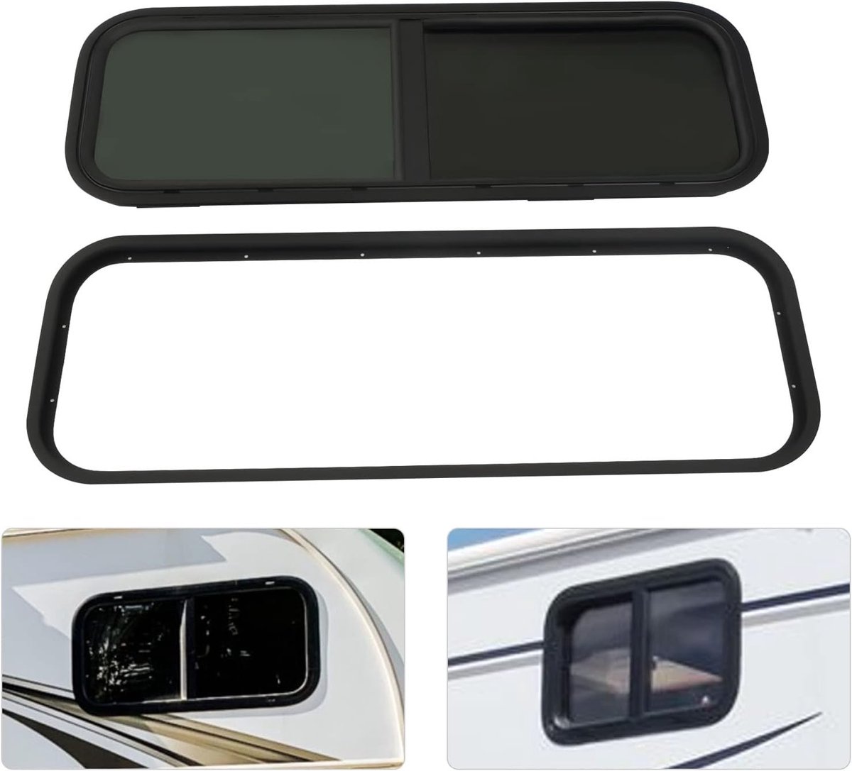 Zijraam voor Motorhome en Caravan, Getint Glazen Schuifraam met Insectenbescherming, Tempered Zwart Glas (900 x 300 mm) voor Extra Comfort en Veiligheid