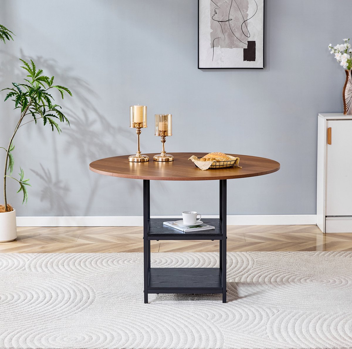 DESMIU Eettafel - Ronde Tafel Met Dubbele Open Opbergruimte - Voor Eethoek En Woonruimte - MDF En Metaal - 107x107x75 Cm - Zwart Walnoot