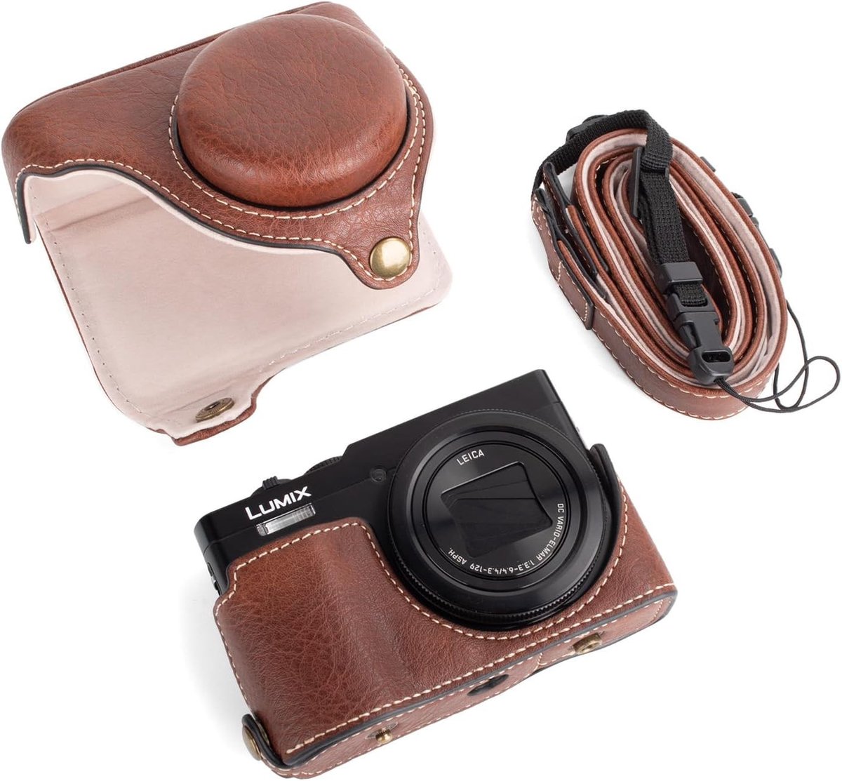 Beschermende PU Leren Camera Case voor Panasonic Lumix DC-ZS99 met Verstelbare Schouderriem, Draagtas voor Digitale Camera, Bruin, 112 x 67 x 40 mm