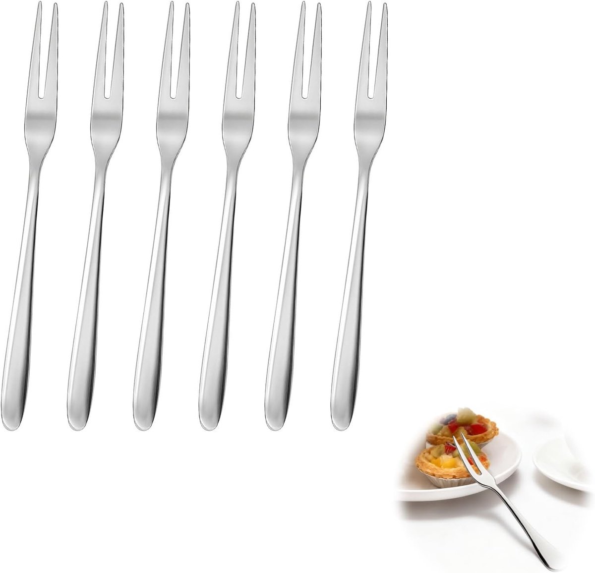 Set van 6 kleine fruitvorken van roestvrij staal, ideaal voor feesten, restaurants en gezinsgebruik, met afgeronde randen