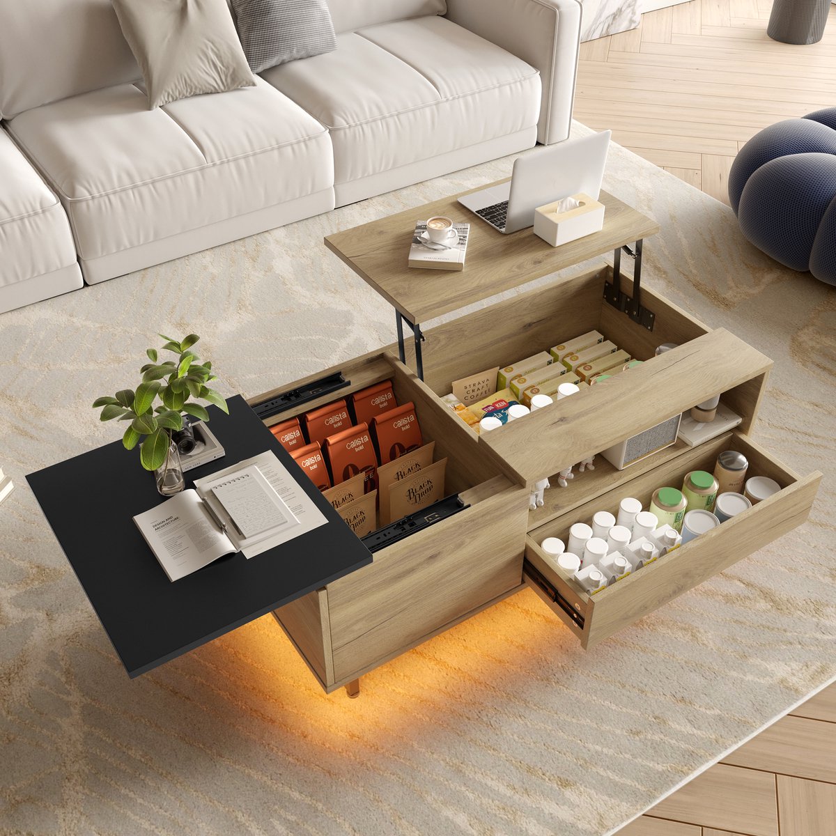 DESMIU Salontafel - Verstelbaar Tafelblad Met Lade En Opbergruimte - Voor Woonkamer En Kleine Ruimtes - Hout En Metaal - 106,5x50x27,5 Cm - Naturel