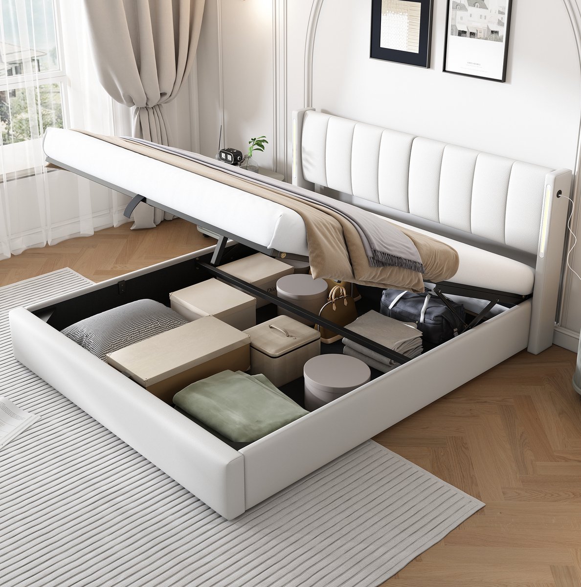 Bed 180 x 200 cm – Opbergbed Met Verlichting En Usb Aansluiting – Verstelbaar Hoofdeinde – Met Opbergruimte – Volwassenen – Kunstleer – Wit – Zonder Matras