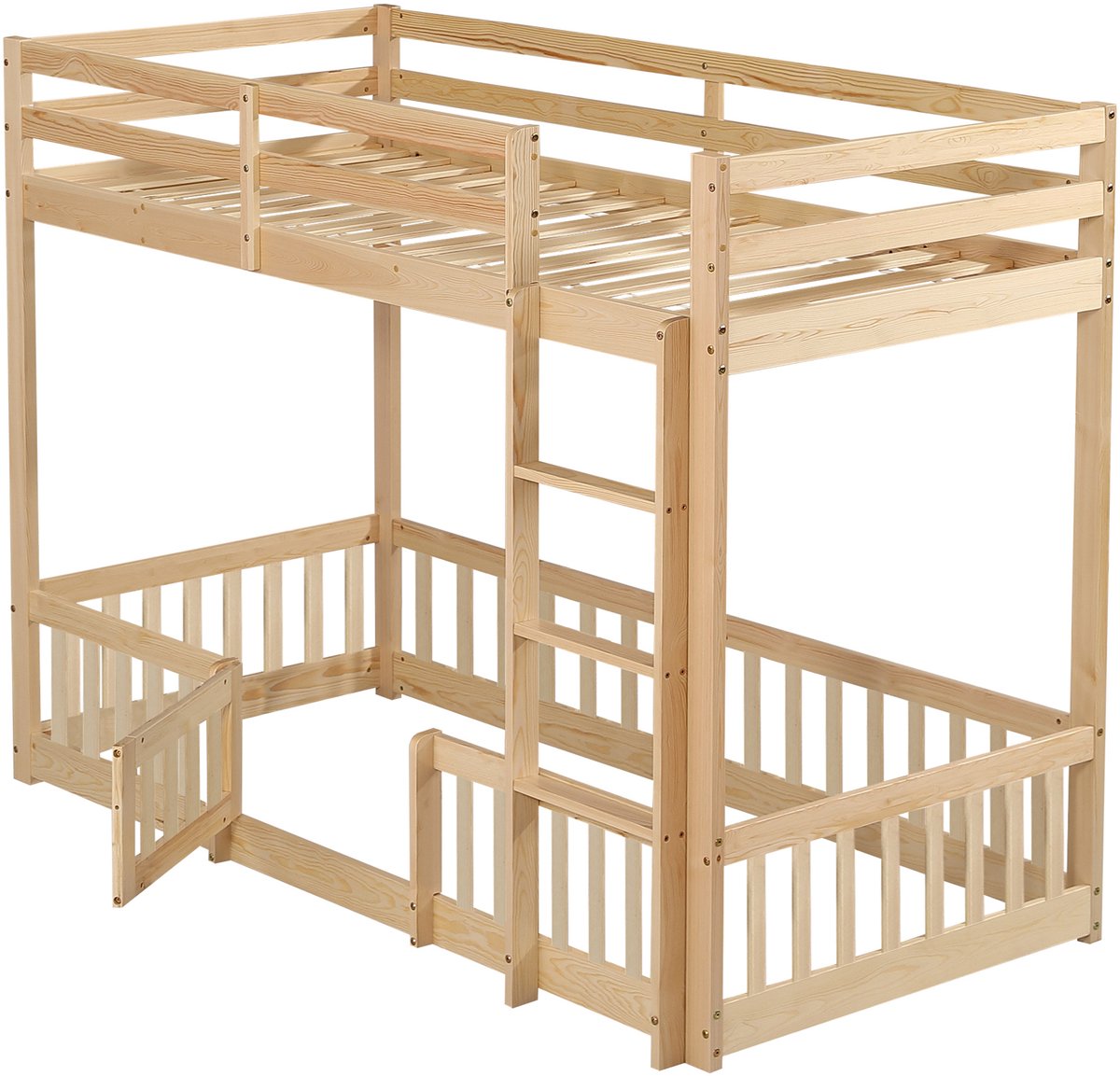 Stapelbed 90x200 cm van massief grenenhout - Hoogslaper met trap en uitvalbeveiliging - EN747 gecertificeerd kinderbed met speelruimte - Natuurlijk