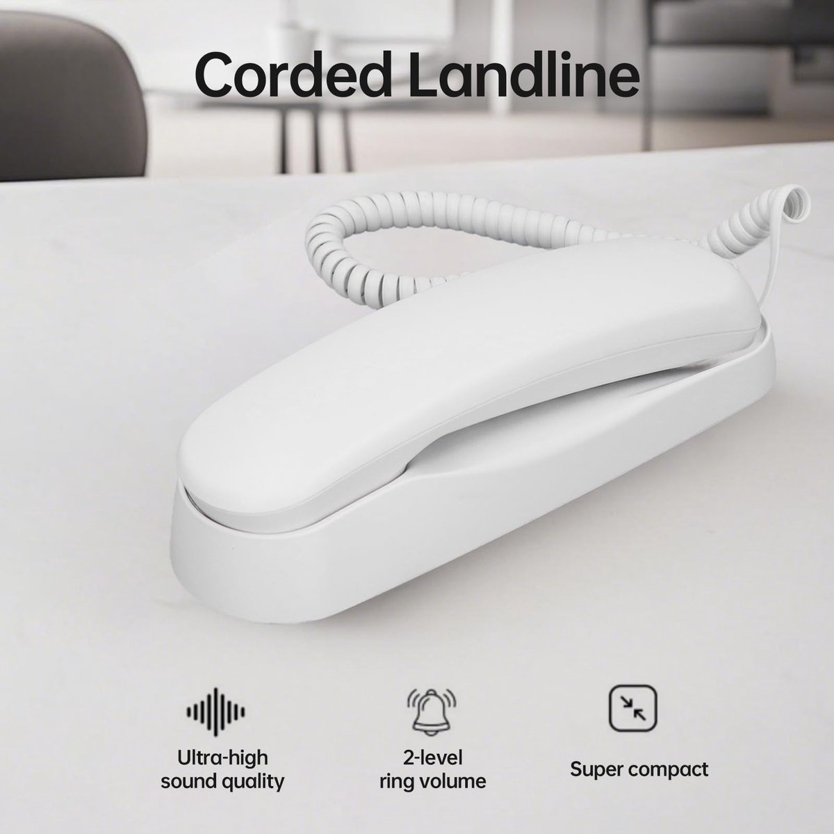 SnelShoppen - Bisofice Mini-telefoon, bekabeld, wandmontage, voor kantoor, vaste telefoon met mute/pauze/herinneringsfuncties, wit, ideaal voor thuisk