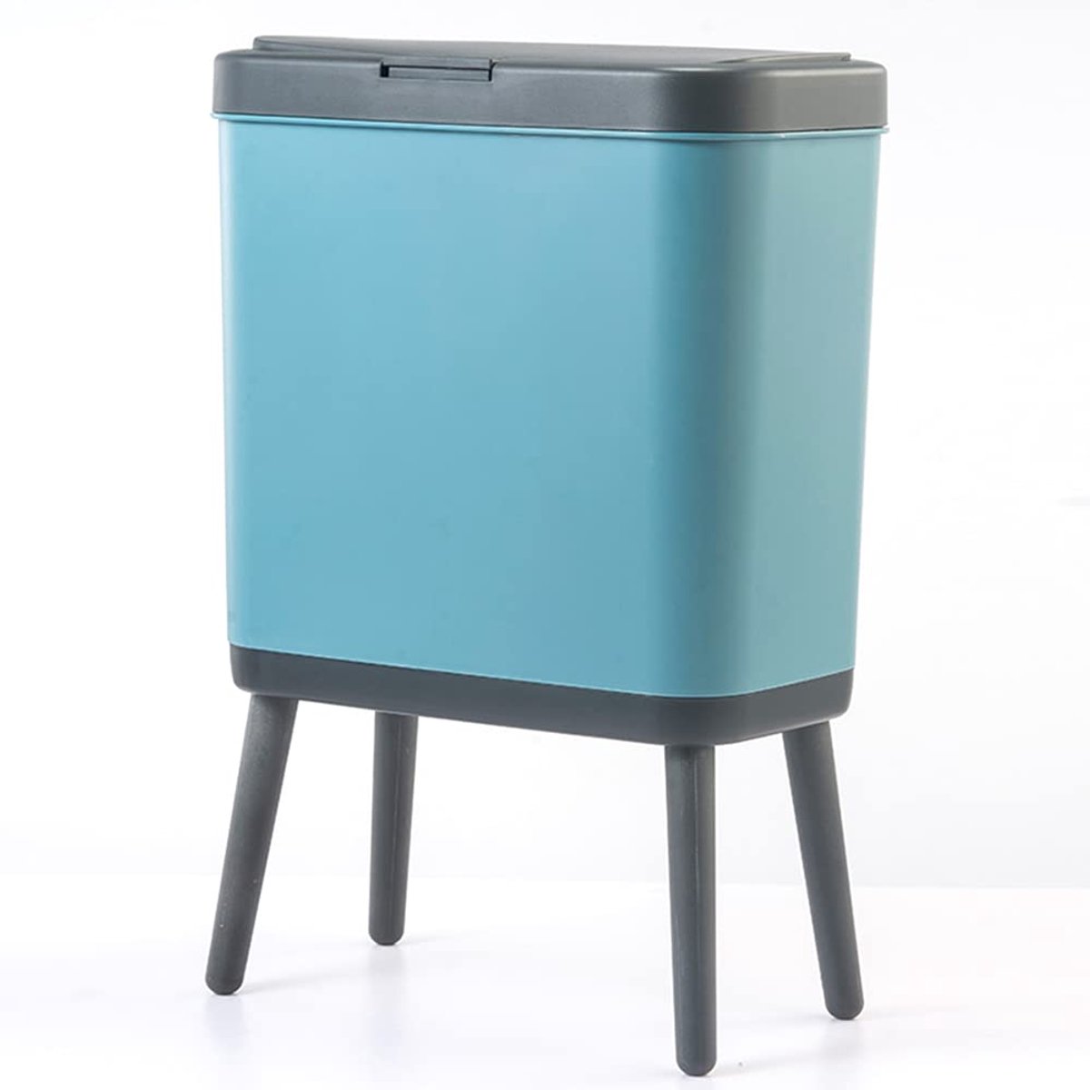 SnelShoppen - Smalle Prullenbak met Deksel, Kunststof Vuilnisbak met Drukknop, Hondenbestendige Afvalmand voor Keuken, Badkamer en Kantoor, Blauw