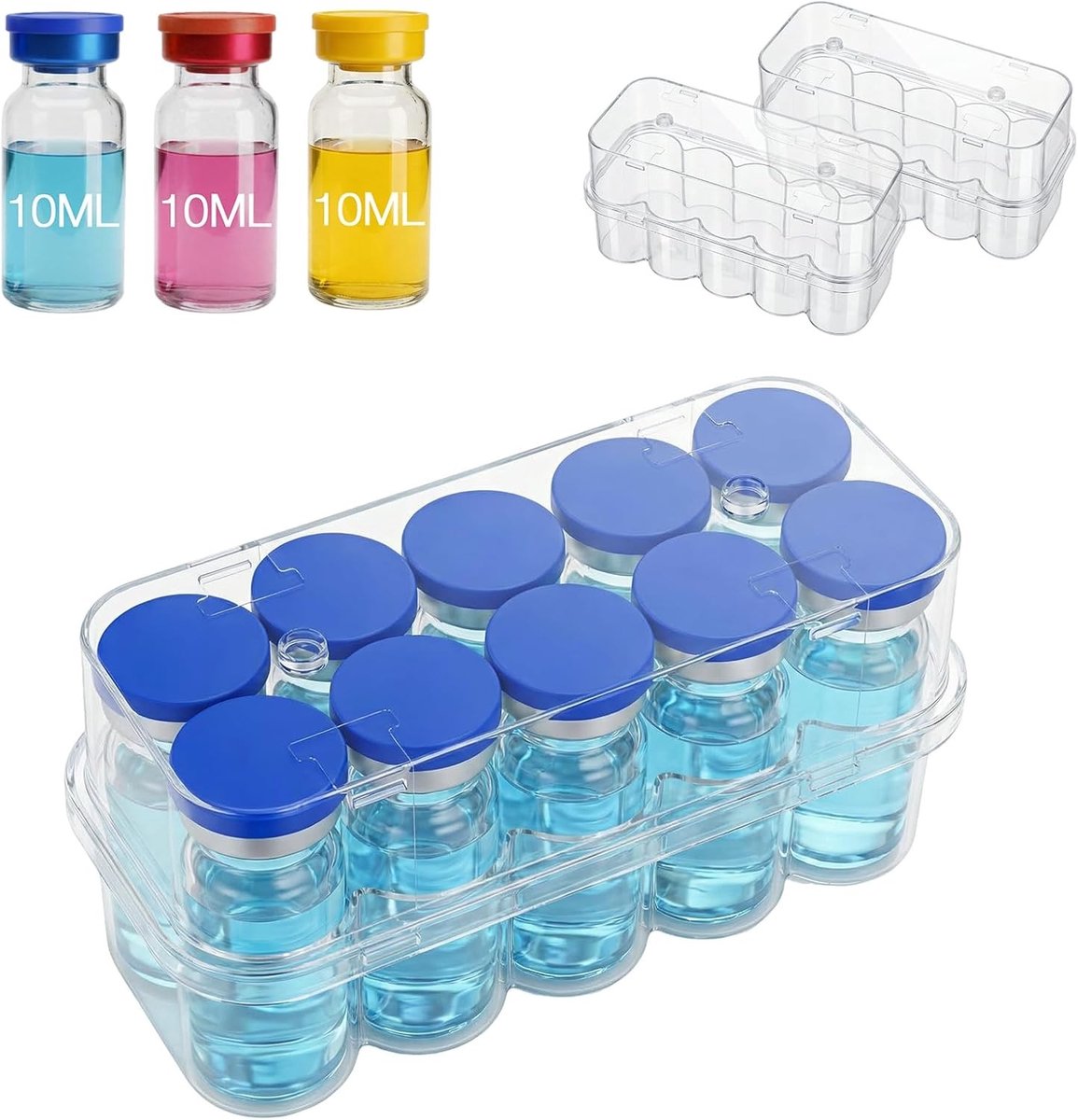 Set van 2 Peptide Opbergdozen met 10 Compartimenten voor 10 ml Flessen, Insuline en Bacteriostatische Oplossingen, Ideaal voor Koelkast en Reizen, Transparant en Duurzaam