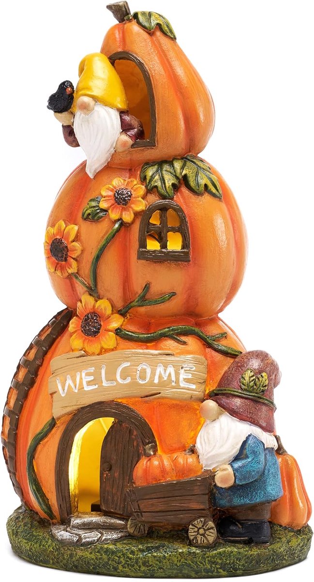 SnelShoppen - Herfstdecoratie buiten, pompoenhuis met zonnelamp 17 cm | Tuindecoratie, herfstfiguren, feeënhuis, weerbestendig, kunsthars, oogstcadeau