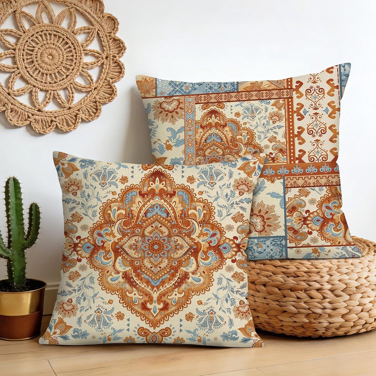 SnelShoppen - Set van 2 Decoratieve Kussenslopen 45 x 45 cm Dubbelzijdig Vintage Boho Bloemen Oranje Polyester Linnen voor Sofa Slaapkamer Thuis Decor