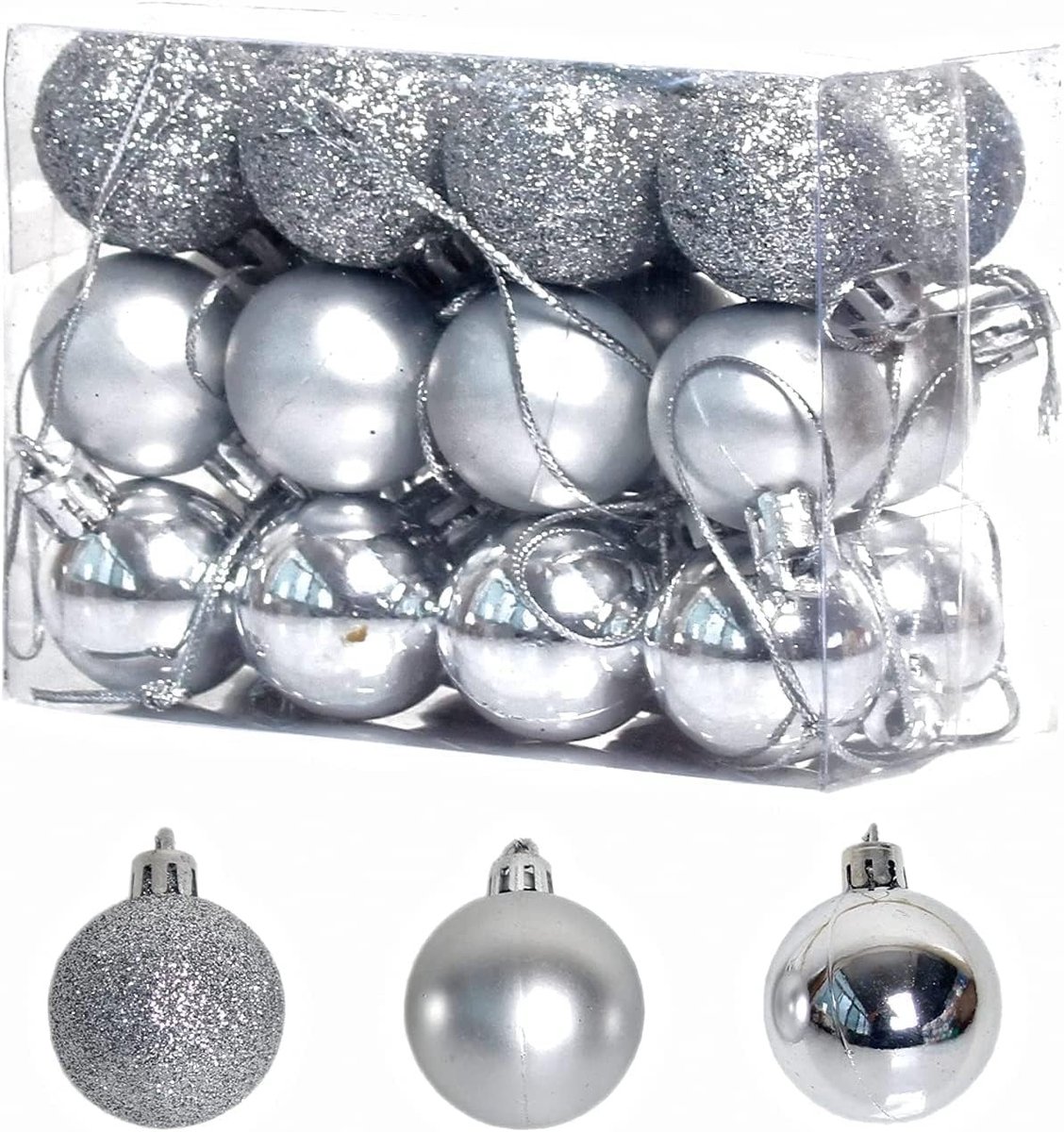 24 Stuks 3CM Kerstballen, Schitterende Versieringen, Breukbestendige Hangballen voor Kerstboom en Feestdecoratie in Frosted en Glanzend Zilver