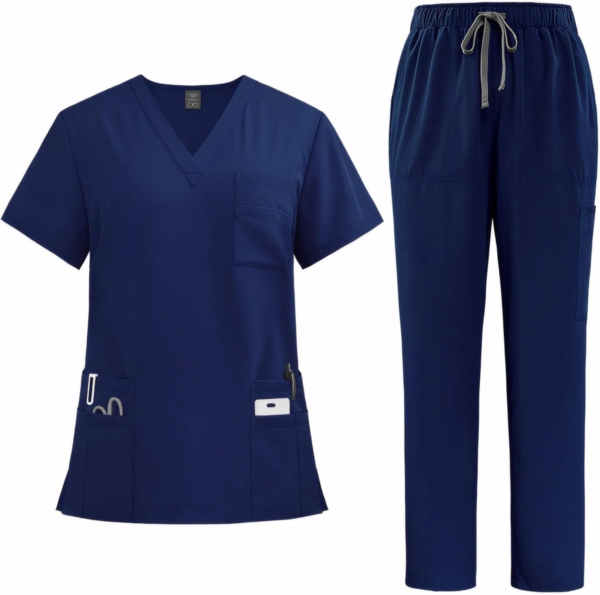 Medische Uniform Set voor Dames met V-hals, Korte Mouwen en Rechte Broek, 8 Zakjes, Rekbaar en Vochtregulerend