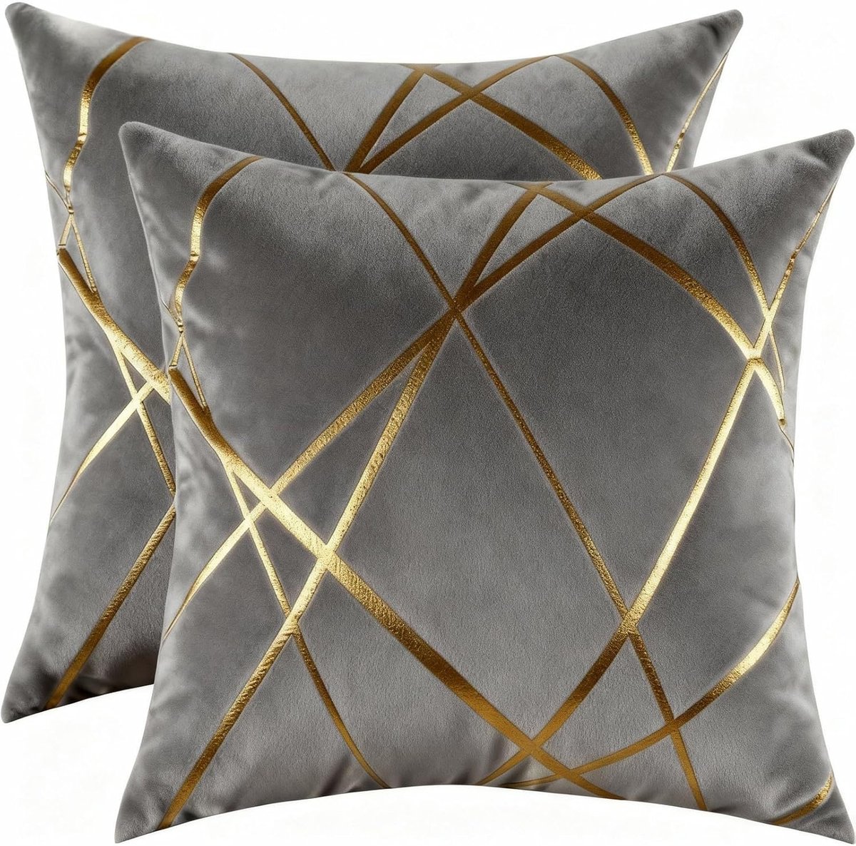 SnelShoppen - Luxe fluwelen kussenhoezen 50x50 cm, goudgestreept, decoratieve kussenhoezen met onzichtbare rits, set van 2, grijs, voor bank, woonkame