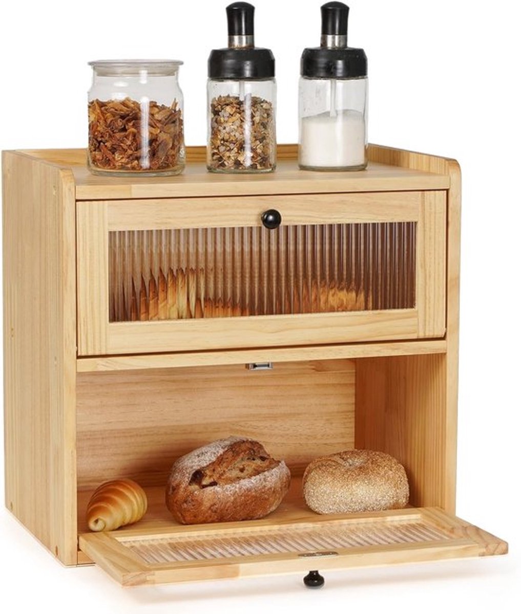 Houten Brooddoos voor Keuken - Dubbele Laag, Grote Voedselcontainer, Vintage Broodopslag, Houdt Brood Vers 36.5x24x34cm