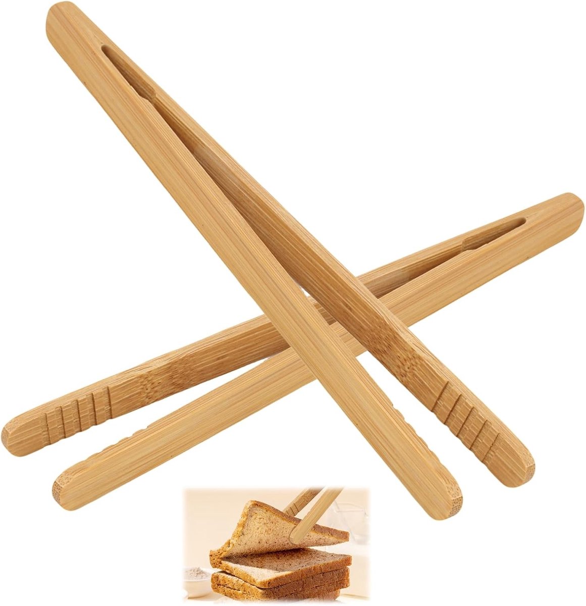 Herbruikbare Bamboe Tangen voor Toast, Fruit en Brood - Multifunctionele Keukenhulpmiddelen voor Kaas, Bacon en Muffins, Set van 2 Houten Tangen voor Koken en Serveren
