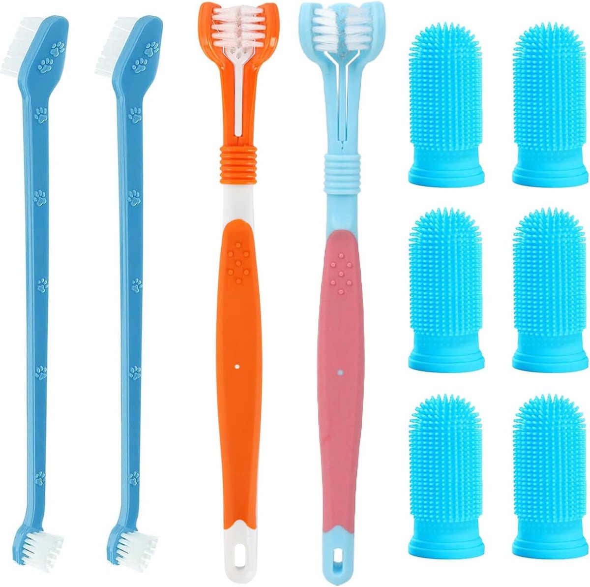 Complete Tandverzorgingsset voor Honden met Driehoofdige Tandenborstels en Vingerborstels, Ideaal voor Grondige Mondhygiëne en Tandplak Verwijdering