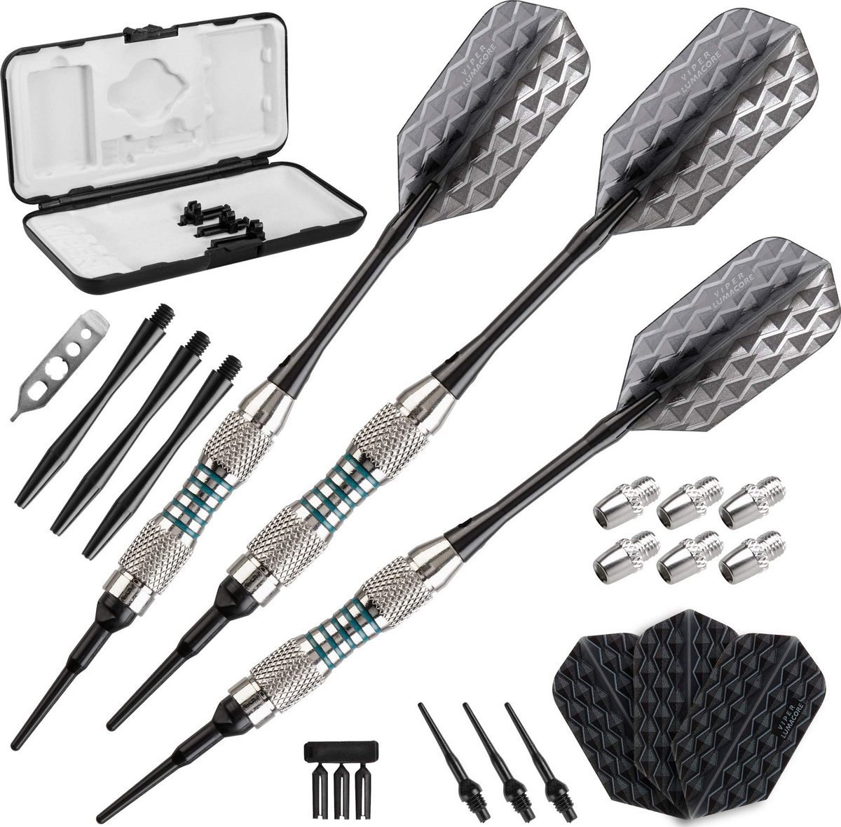 SnelShoppen - Verstelbare zachte tip darts met opberging/reishoes, vernikkeld, lichtblauwe ringen, 16-19 gram, perfect voor feest en competitie