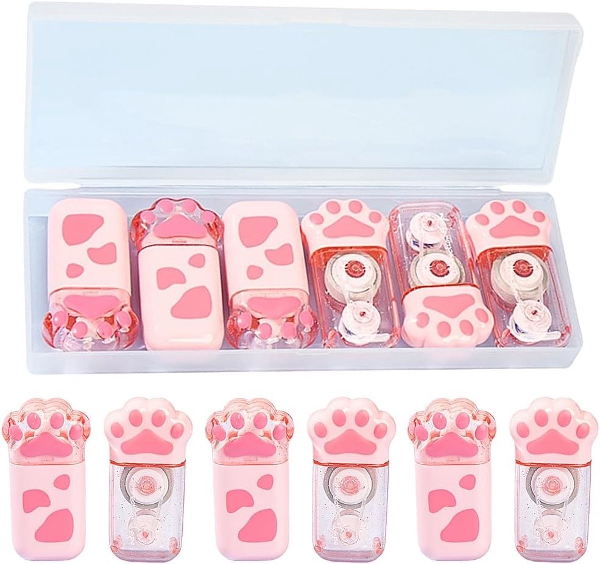 Set van 6 Correctietape Rollers, 5 mm x 6 m, Schattige Muizenpoot Vorm met Beschermkap, Ideaal voor Kantoor, Thuis of School, Transparant en Handig in Gebruik