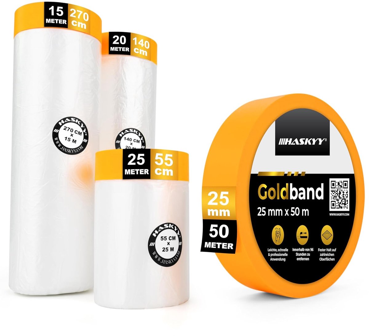 SnelShoppen - 60 m Beschermfolie met Plakband 55 cm + 140 cm + 270 cm met Gouden Band 25 mm x 50 m - 82 m² Verf Tape - Set van 4 Perfect voor Binnenge