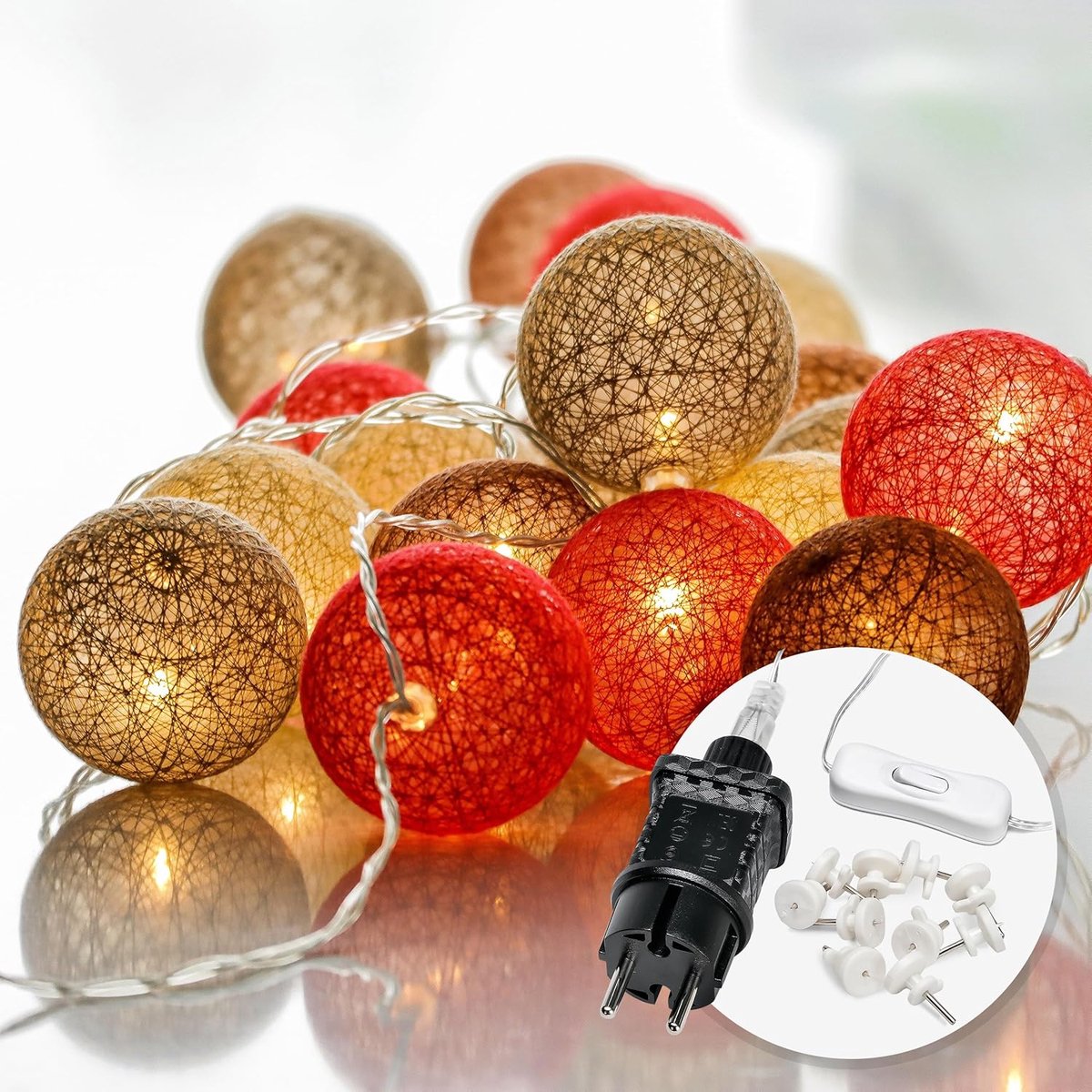 SnelShoppen - CozyHome Lichtketting van Katoen met Bollen, Bruin, 20 LEDs, 6 m, Warm Wit, Stekker, Kinderkamer Decoratie, Kleurrijke Lichtslinger voor