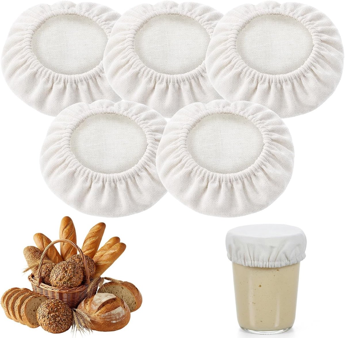 Herbruikbare katoenen deksels voor zuurdesem potten - 5 stuks, ademend en geschikt voor potten van 7-10 cm, ideaal voor zuurdesem starters en fermentatie.