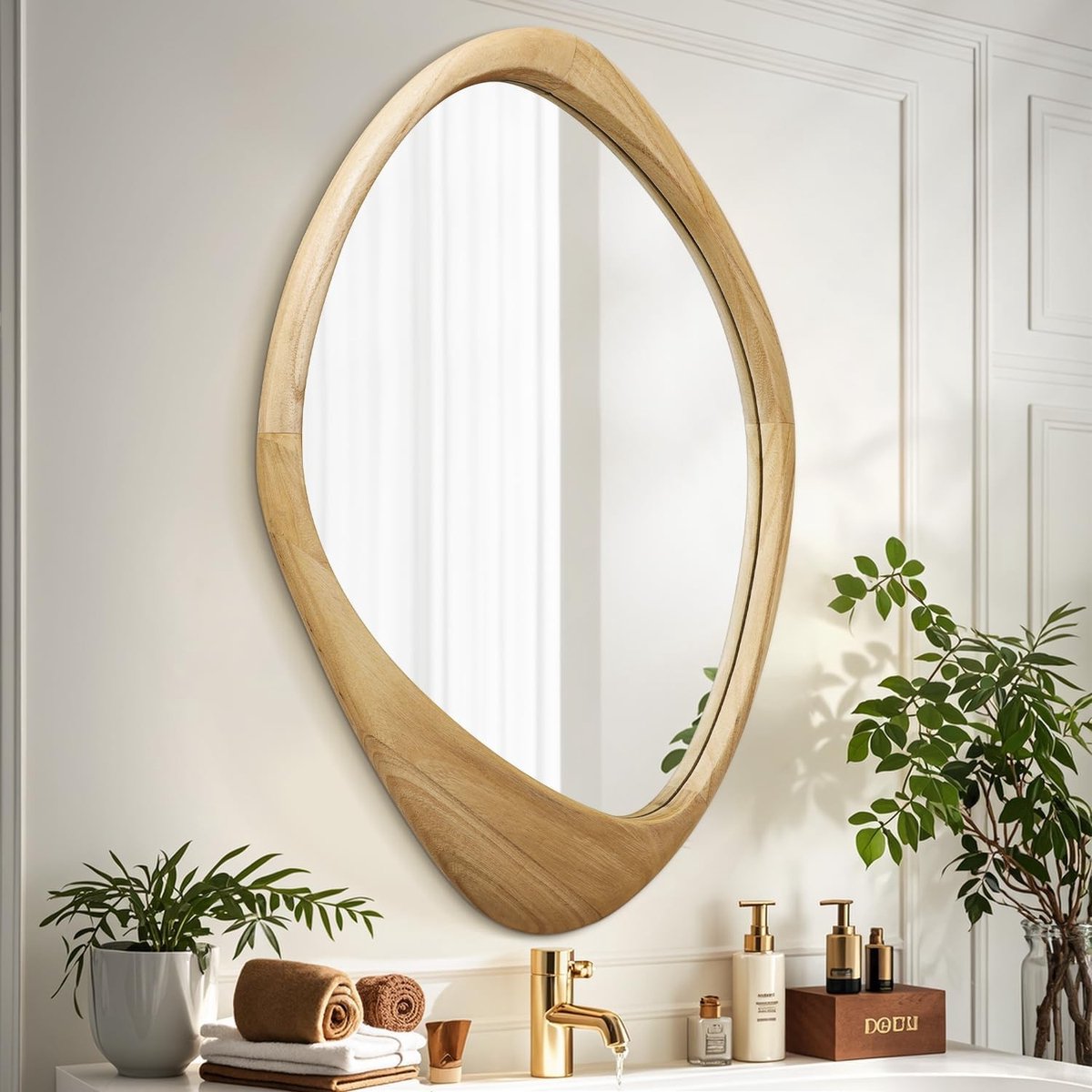Grote Wandspiegel met Onregelmatig Houten Tafeltje 60x40cm Decoratieve Asymmetrische Hangspiegels voor Badkamer, Slaapkamer en Woonkamer