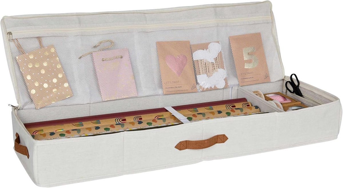SnelShoppen - Premium cadeaupapier organizer van stof met vakken voor cadeaulinten - Beige - 90 x 30 x 12 cm - Hoogwaardige cadeaupapier opslag voor f