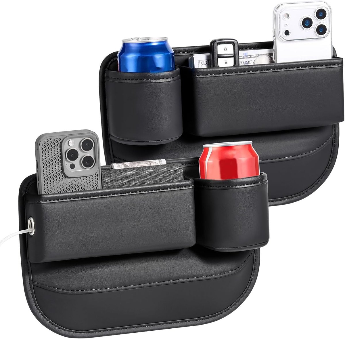 SnelShoppen - Set van 2 autostoel openingen met bekerhouder, leren auto-organizer, middenconsole opbergdoos voor telefoon, sleutels, zonnebril - past