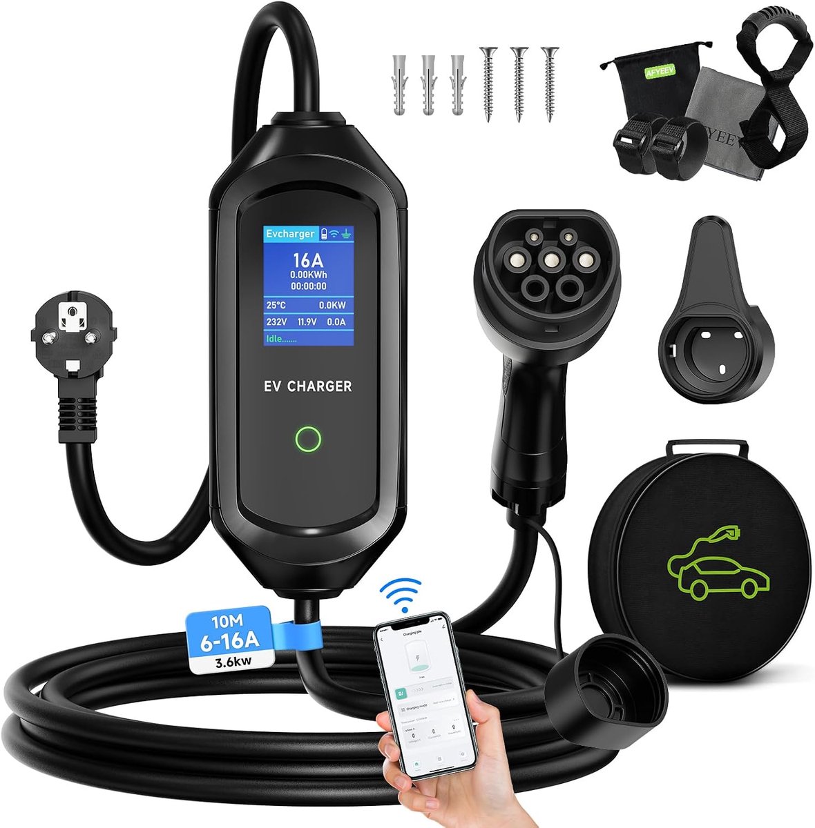 SnelShoppen - 10 m Type 2 Oplaadkabel voor Elektrische Auto met Instelbare Stroom tot 16A, Type 2 Schuko Oplaadkabel, Inclusief Tas, IEC 62196-2