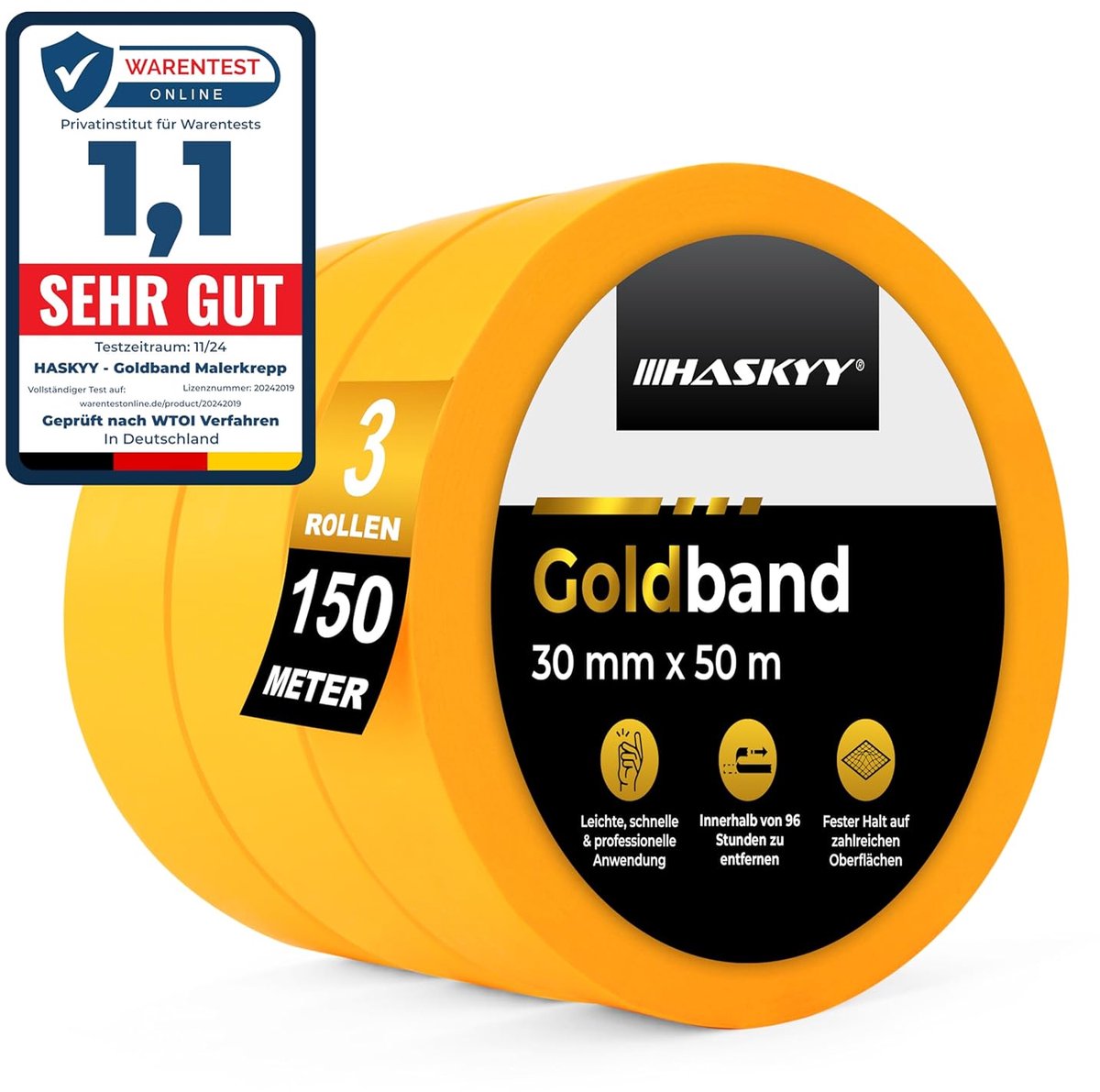 SnelShoppen - Professionele HASKYY Goldband afplakband 3x Schilderstape 30 mm x 50 m Zelfklevend Goud Papiertape voor Schilderen, Knutselen en Decorat