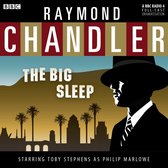 Affiche voor 'The Big Sleep' door Raymond Chandler, met een silhouet van een man in pak en hoed, en palmbomen.
