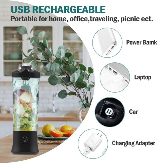 Draagbare Mixer - Smoothie Maker - Drankjes Maken - 6 RVS Messen - 600 ml - Zwart — afbeelding 5