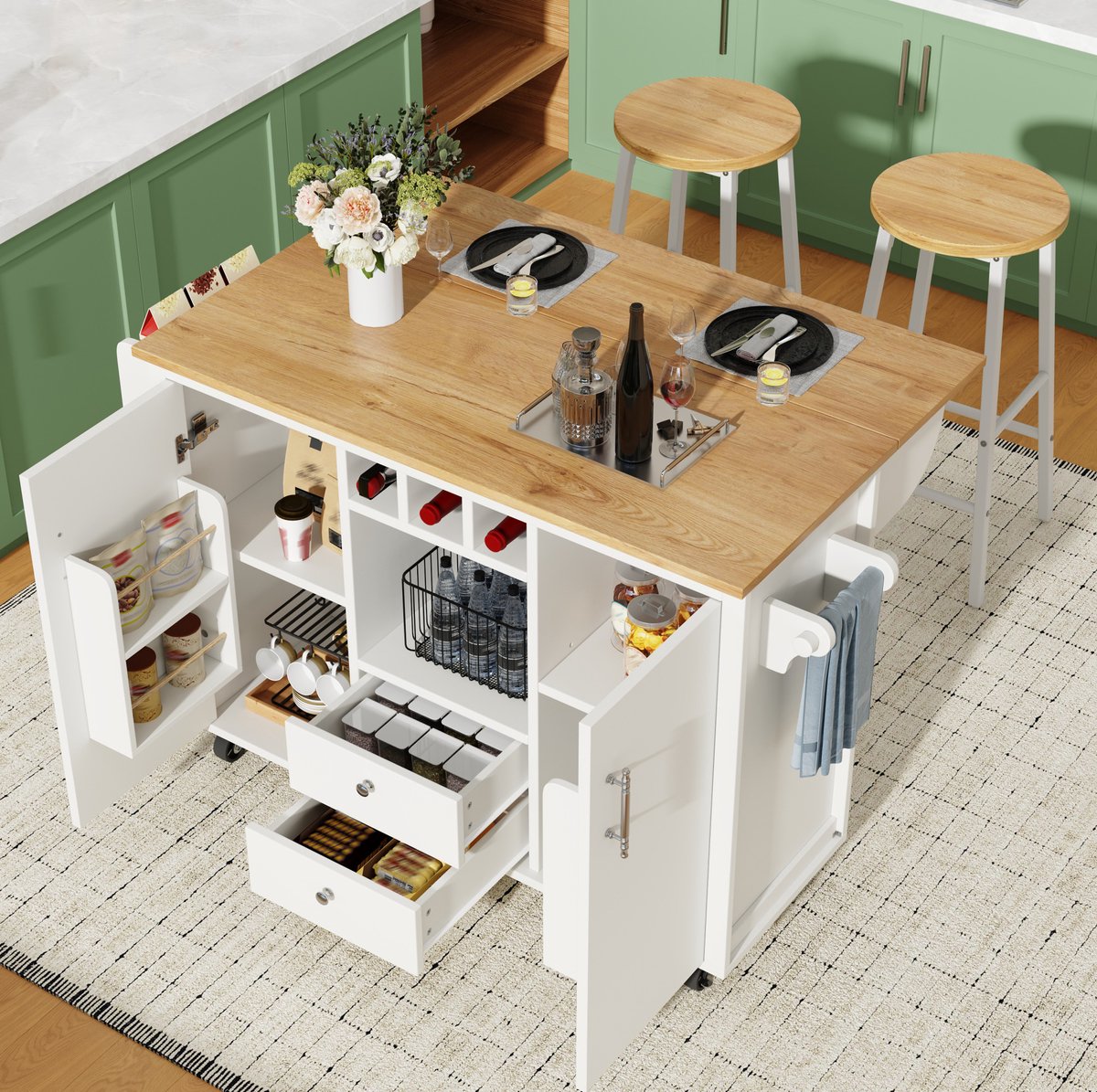COVREO Keukenmeubelset 137,9x73 cm wit, MDF en metaal met 2 barkrukken