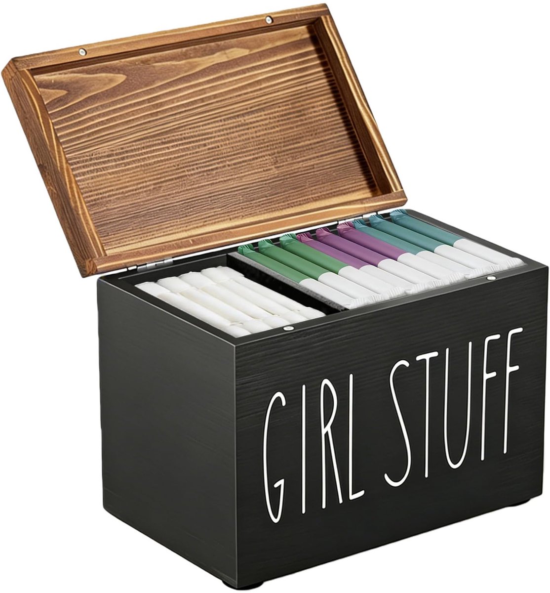 SnelShoppen - Tamponhouder Badkamer - Houten Opbergdoos met Deksel - 2 Vakken Hygiëneartikelen Organizer Box - Zwart Design voor Vrouwen
