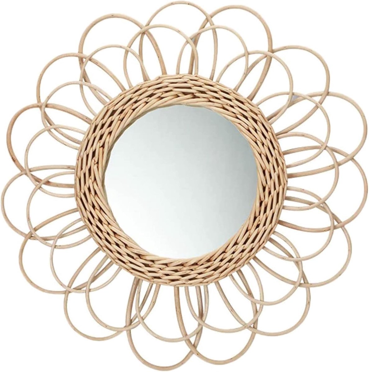 SnelShoppen - Hangende Ronde Wandspiegel met Rotan Zonnebloem - Decoratie voor Badkamer, Boho en Scandinavisch Vlechtwerk, Make-up Spiegel voor Binnen