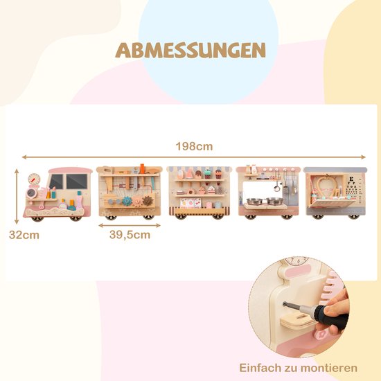 COSTWAY Busy Board in trekvorm, wandgemonteerd activiteitenbord met make-upset, gereedschapskist, speelkeuken, doktersset en ijssalon, sensorisch motoriekbord, hout, Montessori-speelgoed voor kinderen van COSTWAY — afbeelding 4