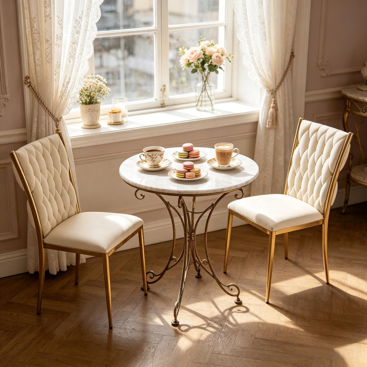 Clruro Eetkamerstoel Set van 2 - 47 x 59,5 x 94,5 cm - Hoge Rug - Fluweel/Metaal - Crèmewit/Goud