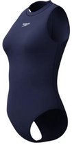 Donkerblauw Speedo sportbadpak voor dames, mouwloos met hoge hals en rond uitgesneden beenopening.