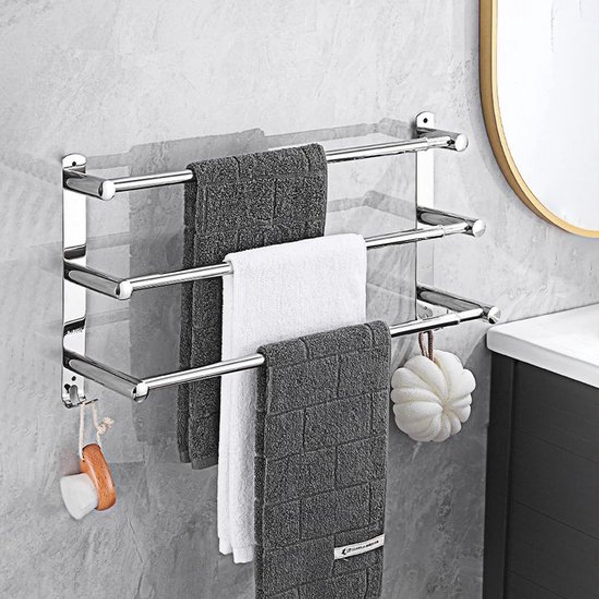 Handdoekrails Verstelbaar 43-78 cm - Wandgemonteerde Handdoekhouder - Roestvrij Staal - Modern Design - Inclusief Haken - Zwart/Gepolijst