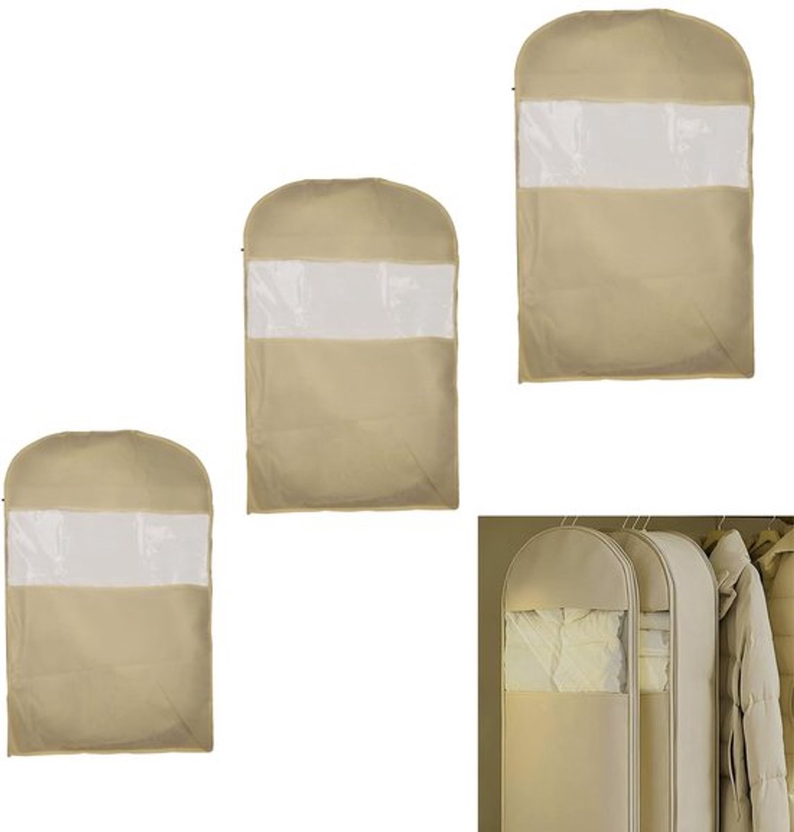 Kledinghoezen Ruimtebesparend - 3 Stuks - Donsjas Organizer - Stofhoes met Rits - 130cm/110cm/90cm - Beige - Opbergzakken