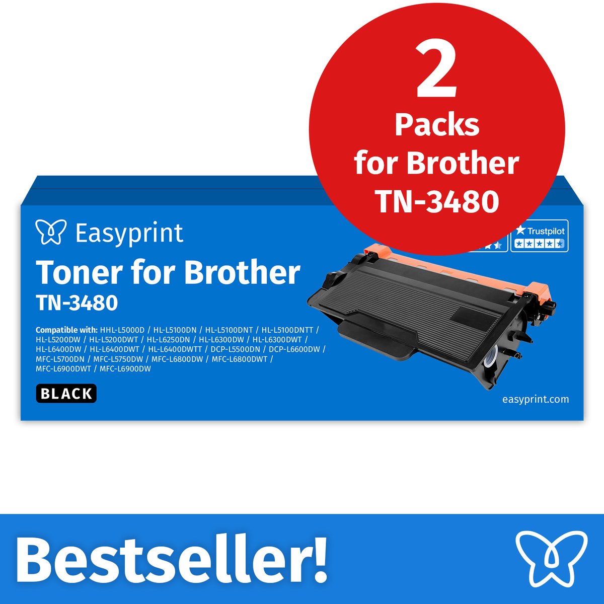 NIEUW: Easyprint Toner voor Brother TN3480, compatibel met Brother DCP-L 5500, HL-L 5000, MFC-L 5700, e.d., 2 stuks