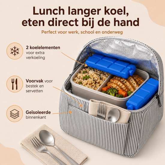 VHV - Koeltas - Geïsoleerde Lunchtas - lunchpakket set - Geïsoleerde koeltas - Lichtgewicht - Koelelementen - 23x14x19cm - Voor Werk, School, Picknick en Dagelijks Gebruik - Zwart Gestreept van Vhv — afbeelding 4