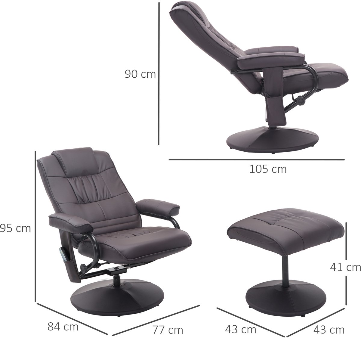 HOMCOM massagestoel met voetenbank 10 vibratiestanden - Relaxstoel kantelbaar 145 graden - Tv-fauteuil massage - Bruin – foto 5