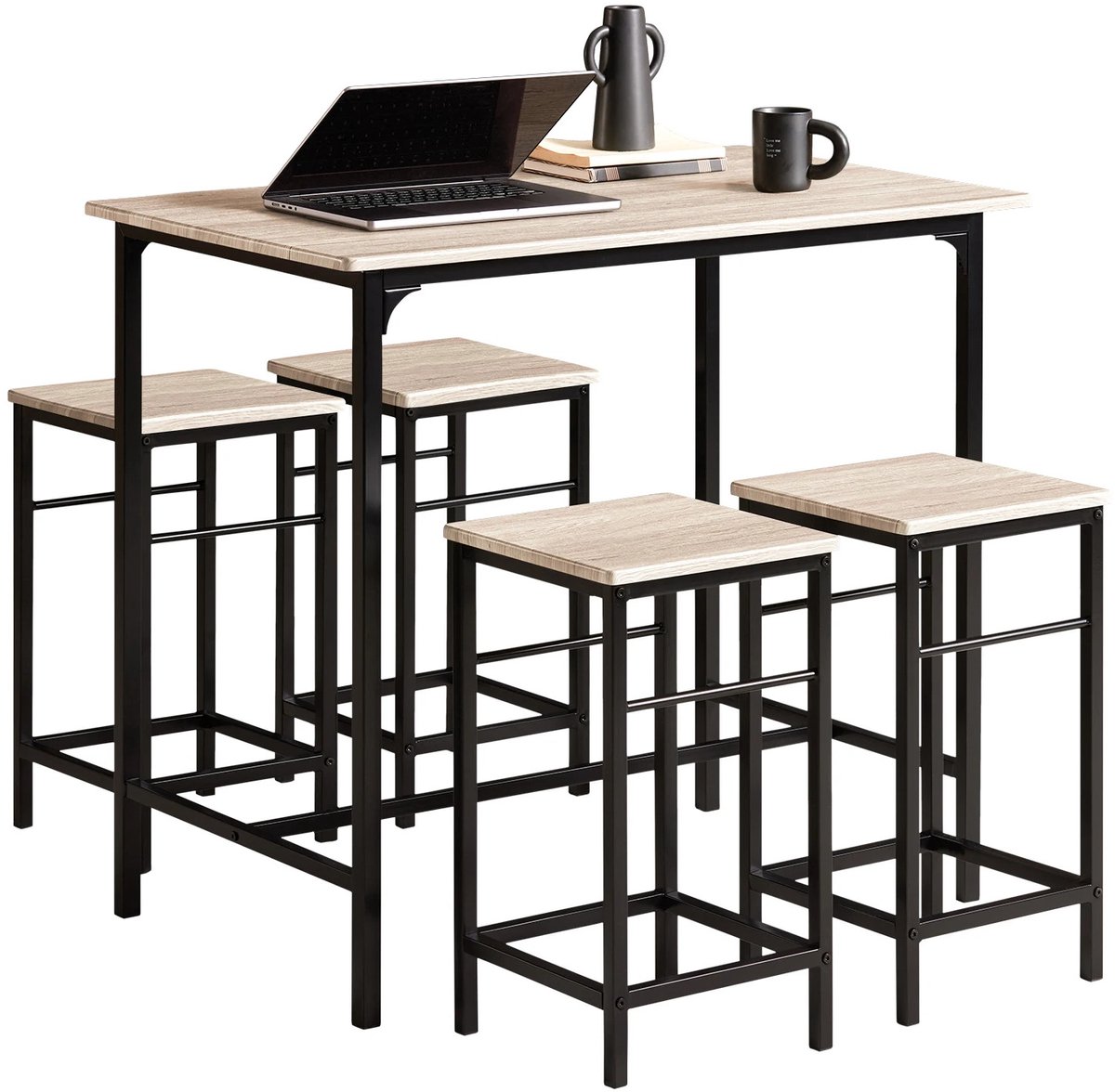 Gudalio Bartafel - Tafel - Keukentafel - Bistrotafel - Statafel - Incl. 4 Barkrukken - 5 delig - Modern - Houtpatroon - Zwart