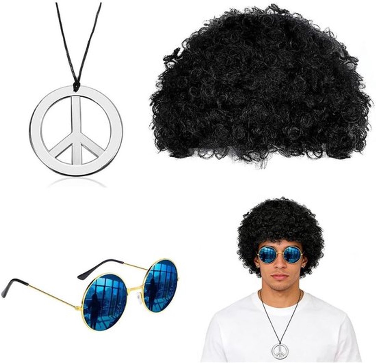 Drie-delige 80s Outfit voor Mannen, Krullend Perkament met Bril en Ketting, Compleet Carnaval Kostuum voor Halloween en Cosplay, Unisex Feestoutfit