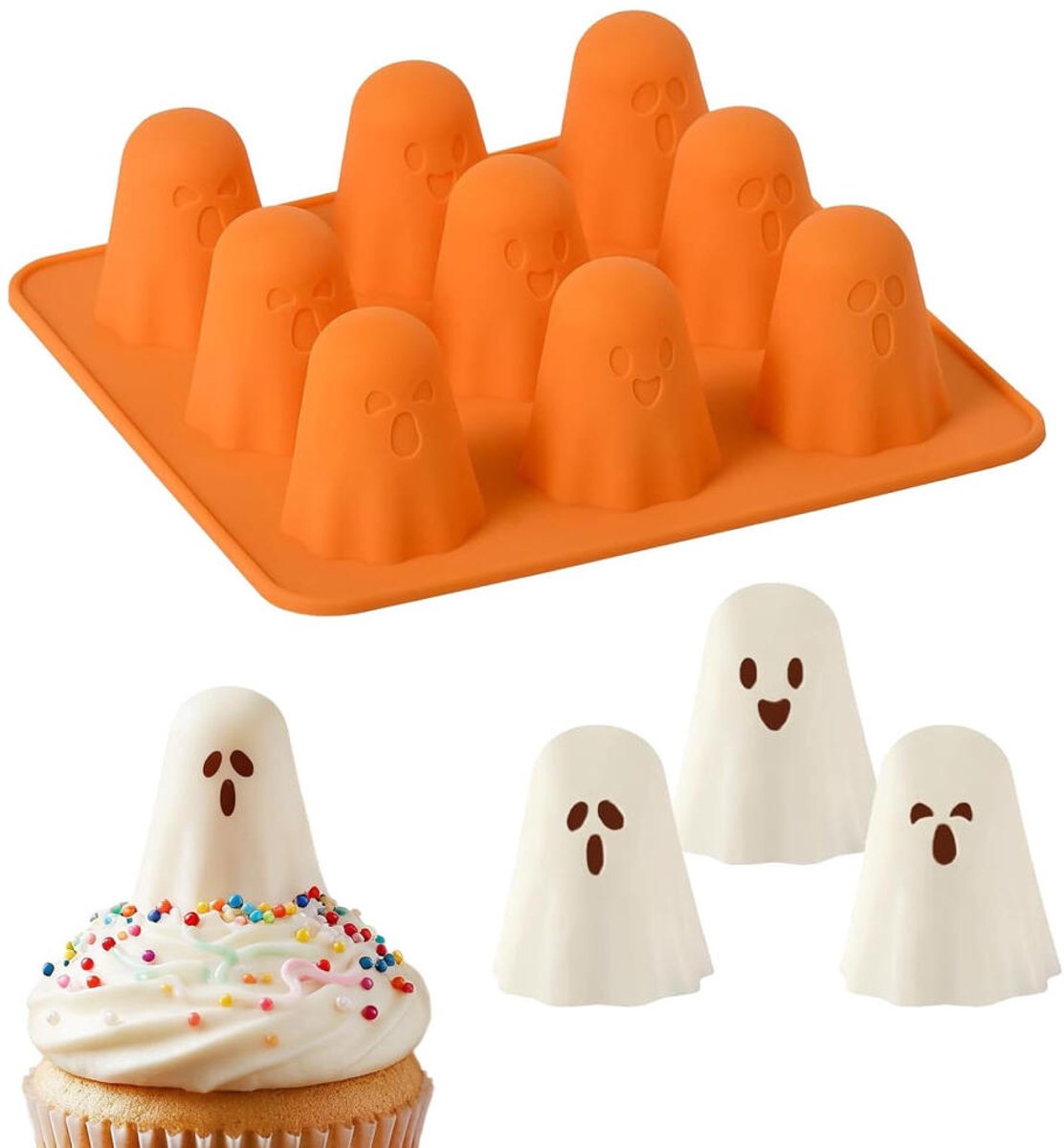 Siliconen vorm voor spookchocolade - Bakvorm - 9 Spoken - Chocoladevorm - Halloween Spook mal - 3 spook-emoji's - Chocolade Mal - Dessertmal - praline/snoep/chocolade vorm - Bonbonvorm