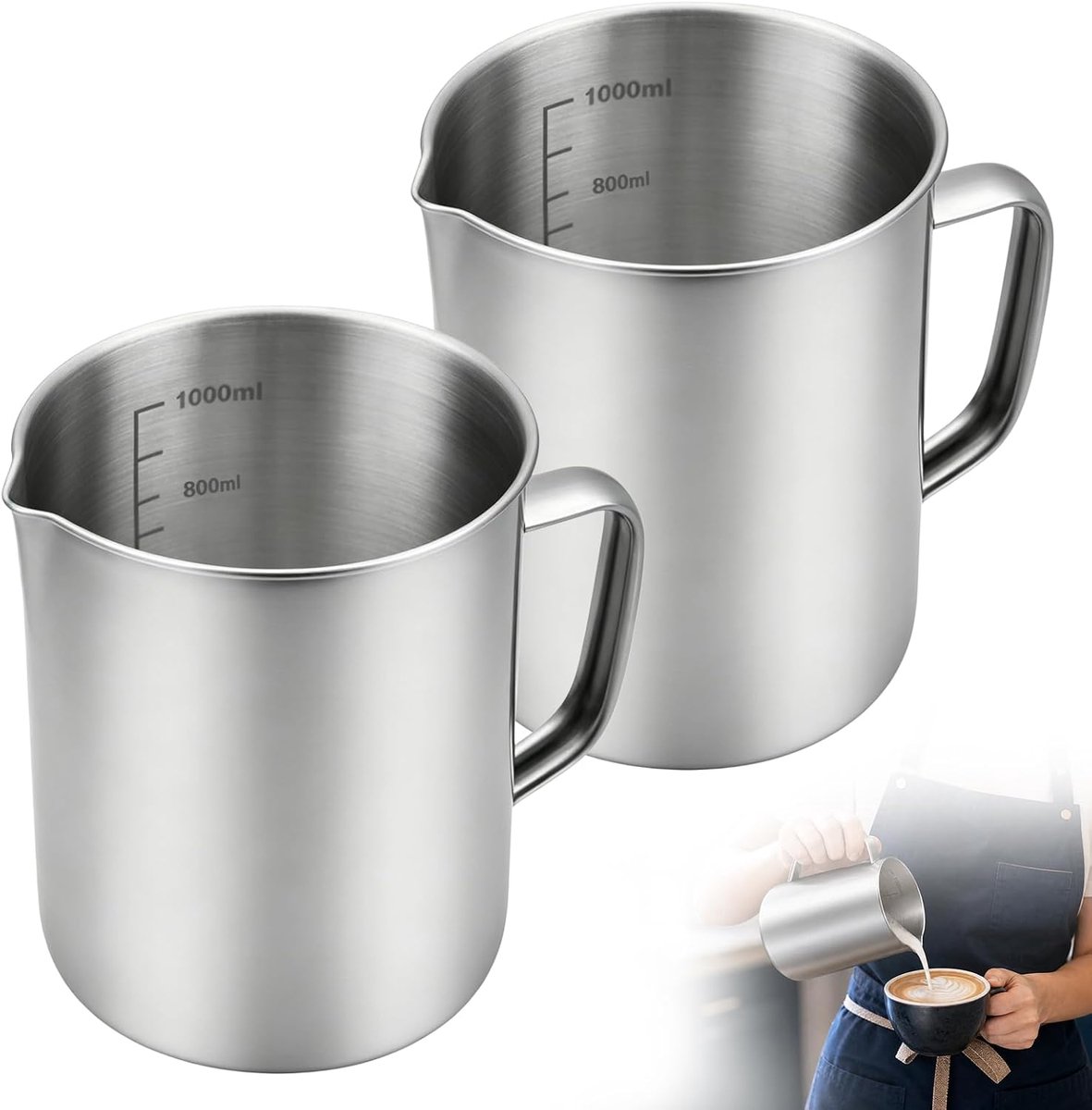 2 Stuks Maatbekers van 304 Roestvrij Staal, 1 Liter Maatbeker met Schaalverdeling en Handvat, Metalen Melkkan voor Koffie, Melk, Bakken en Keuken