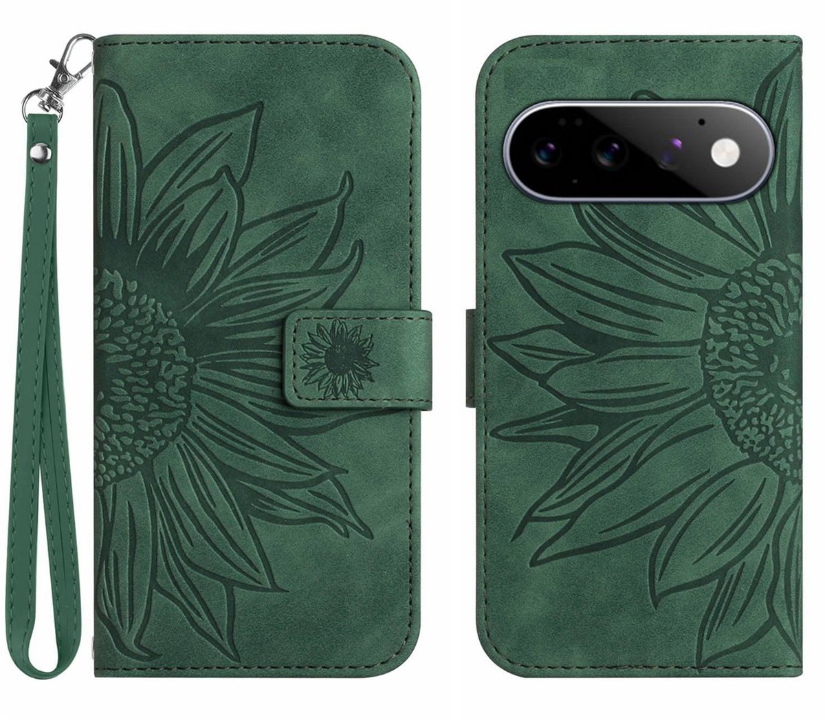 Coverup Hoesje - Geschikt voor Google Pixel 11 / 11 Pro Hoesje - Coverup Zonnebloem Book Case met Koord - Groen