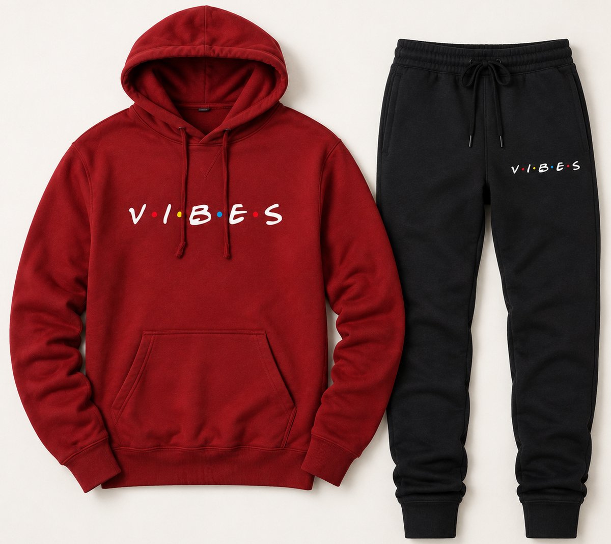 Trainingspak Heren - Joggingpak met Hoodie en Sportbroek - Katoen - Vibes print - Rood - 4XL