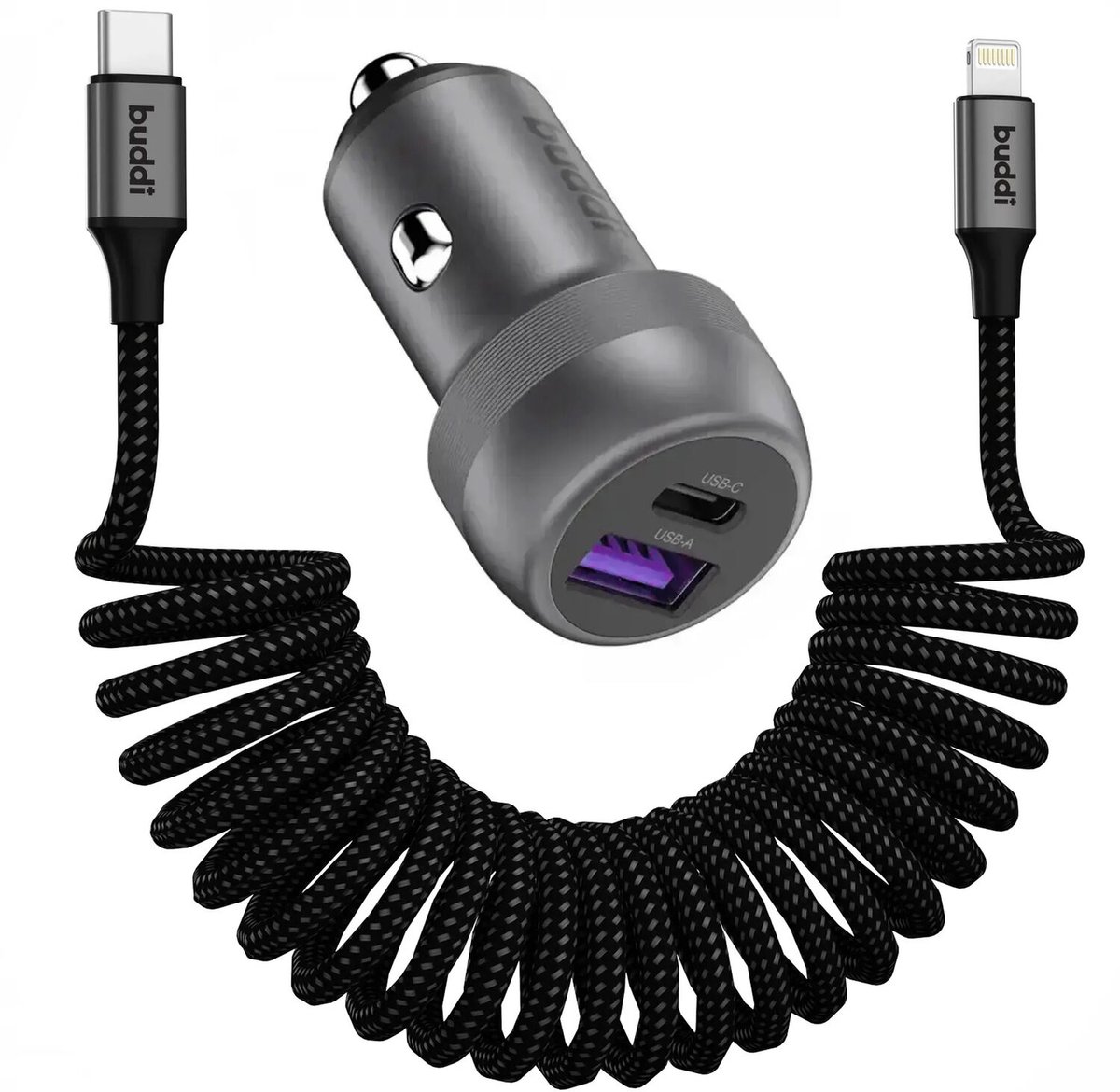Buddi Power USB - C Autolader & USB - A + C Poort met USB-C naar Lightning Krulsnoer Kabel | Snelladen 89W | Compact formaat | Telefoon oplader voor in de auto | Geschikt voor sigarettenaansteker